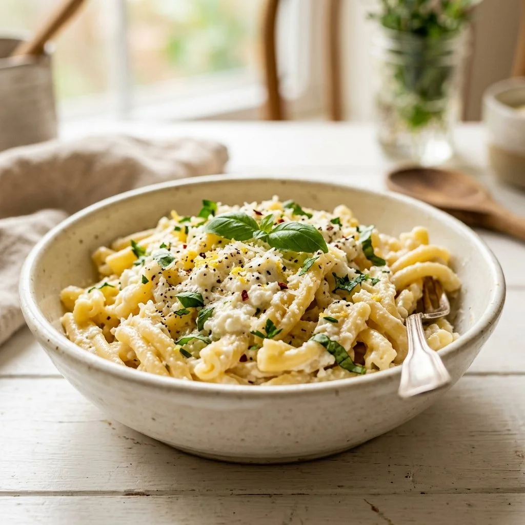 Creamy cottage cheese pasta dish garnished with fresh herbs and vegetables