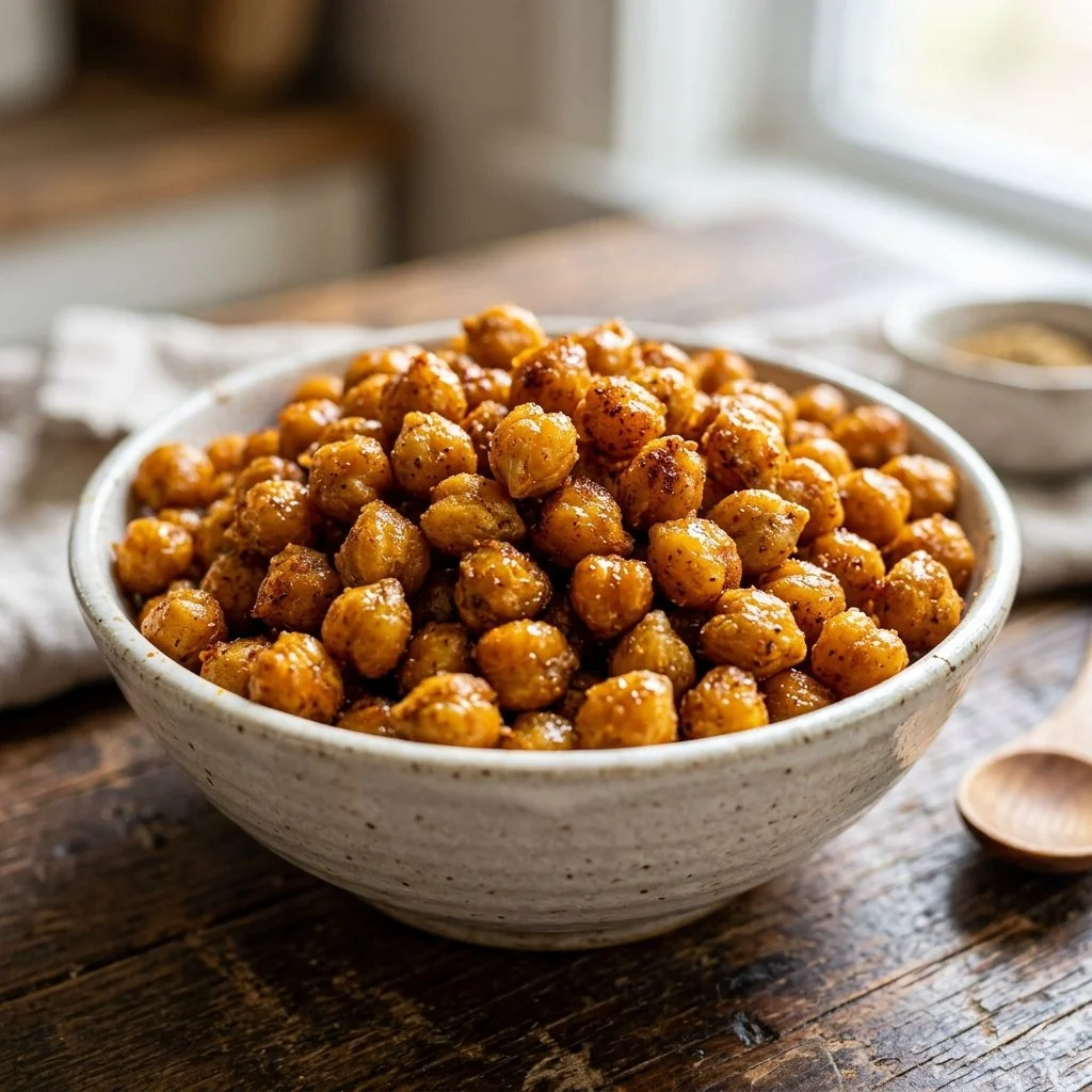 Bowl of crispy air fryer chickpeas garnished with spices