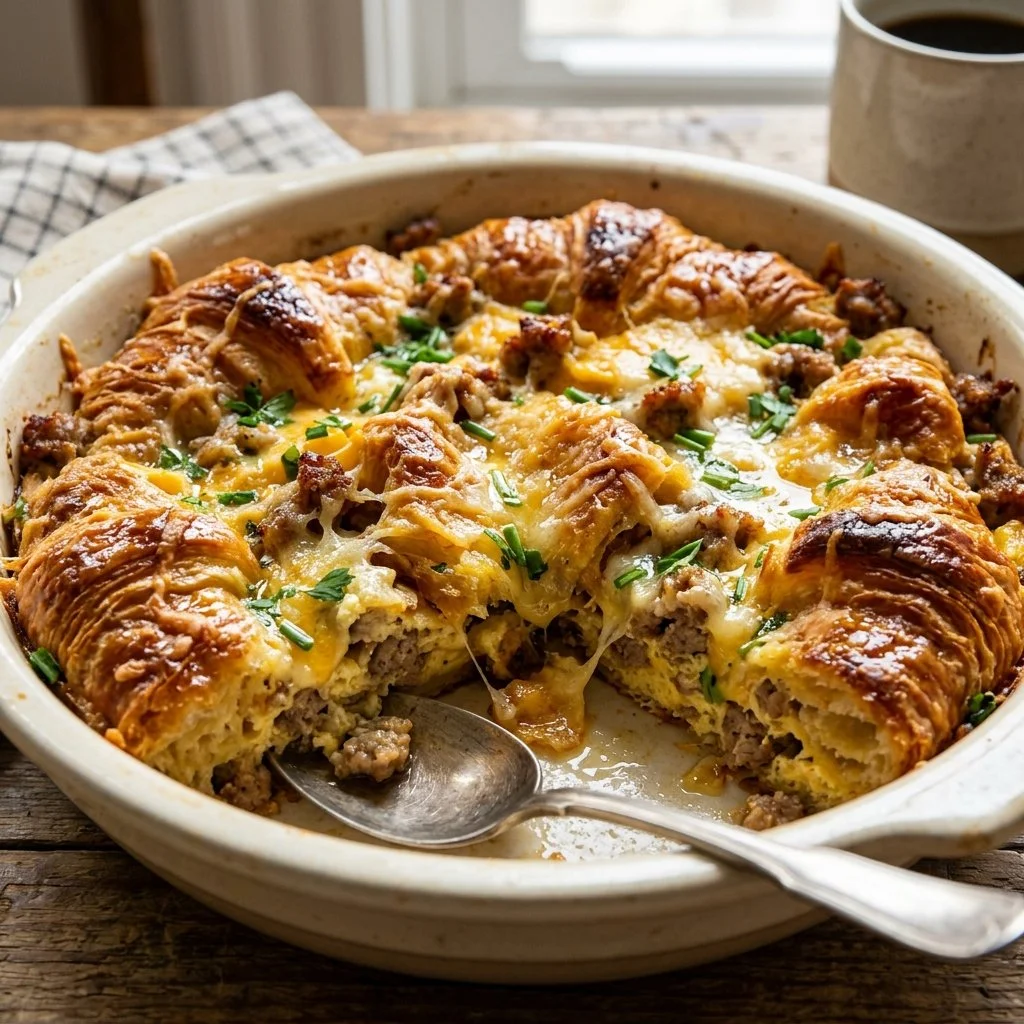 Delicious baked croissant breakfast casserole topped with cheese and herbs.