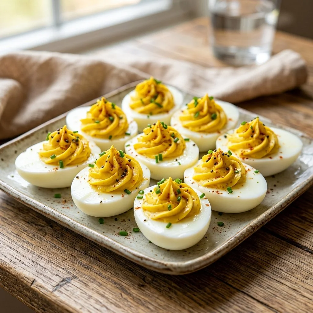Delicious deviled eggs arranged on a platter for a party.