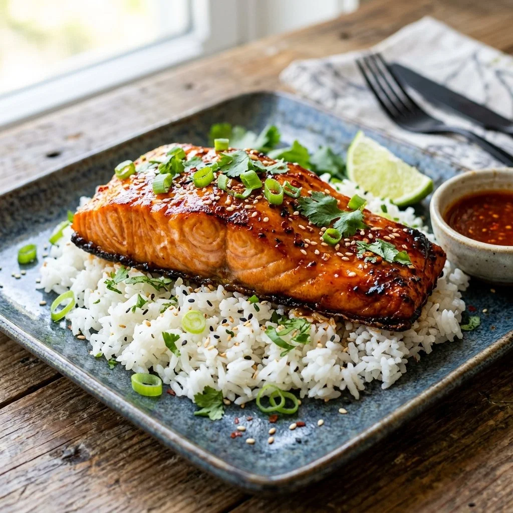 Firecracker Salmon dish garnished and ready to serve