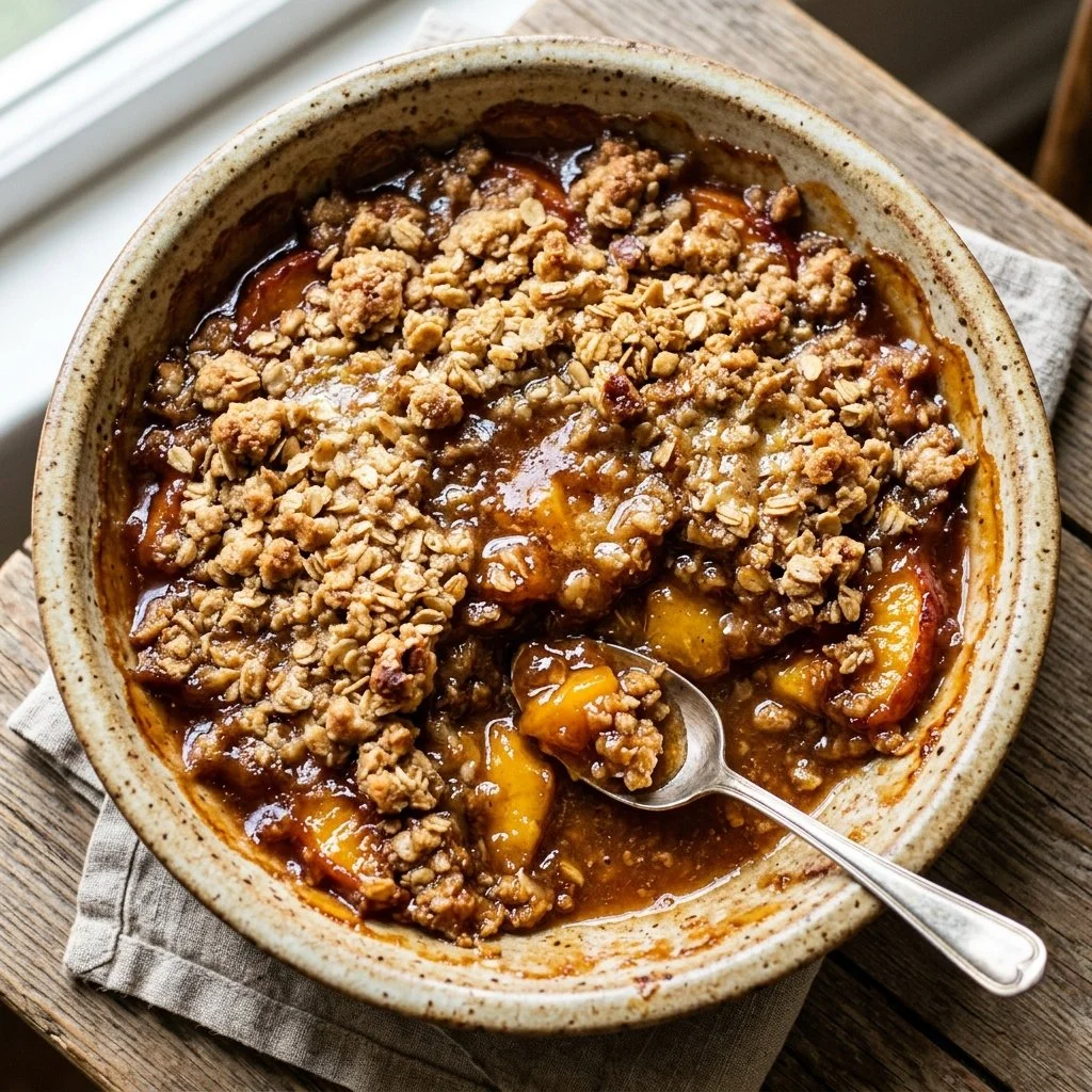 Bowl of fresh peach crisp topped with a scoop of vanilla ice cream