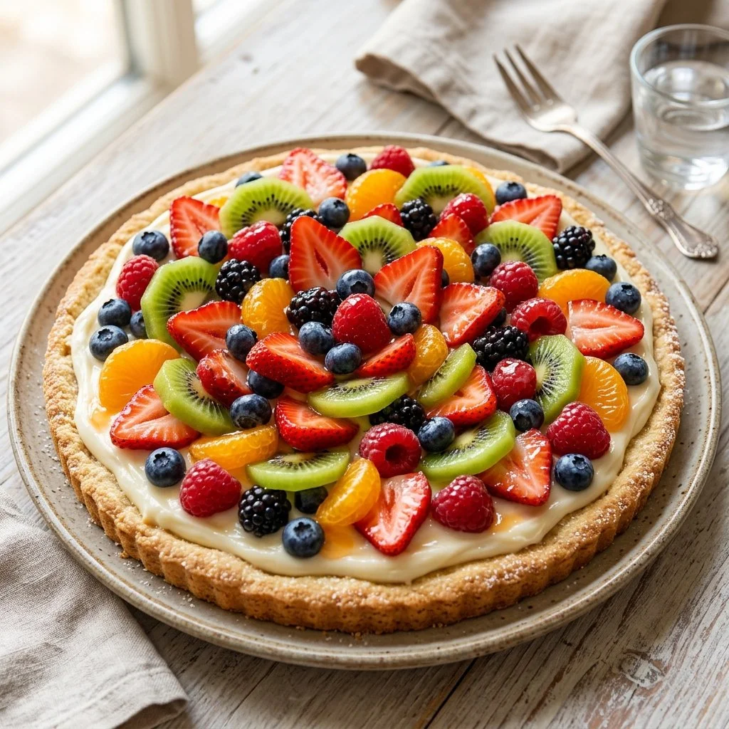 Delicious fruit pizza topped with an array of fresh fruits and creamy frosting