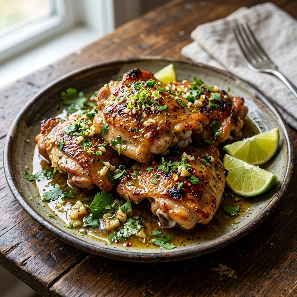 Delicious Garlic Lime Chicken served with fresh herbs and lime slices
