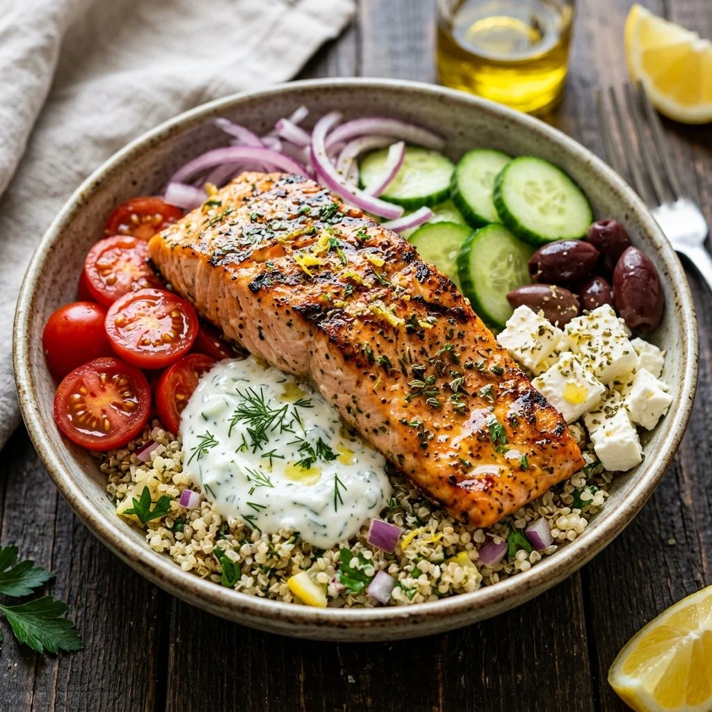 Delicious Greek Salmon Bowl with fresh vegetables and herbs