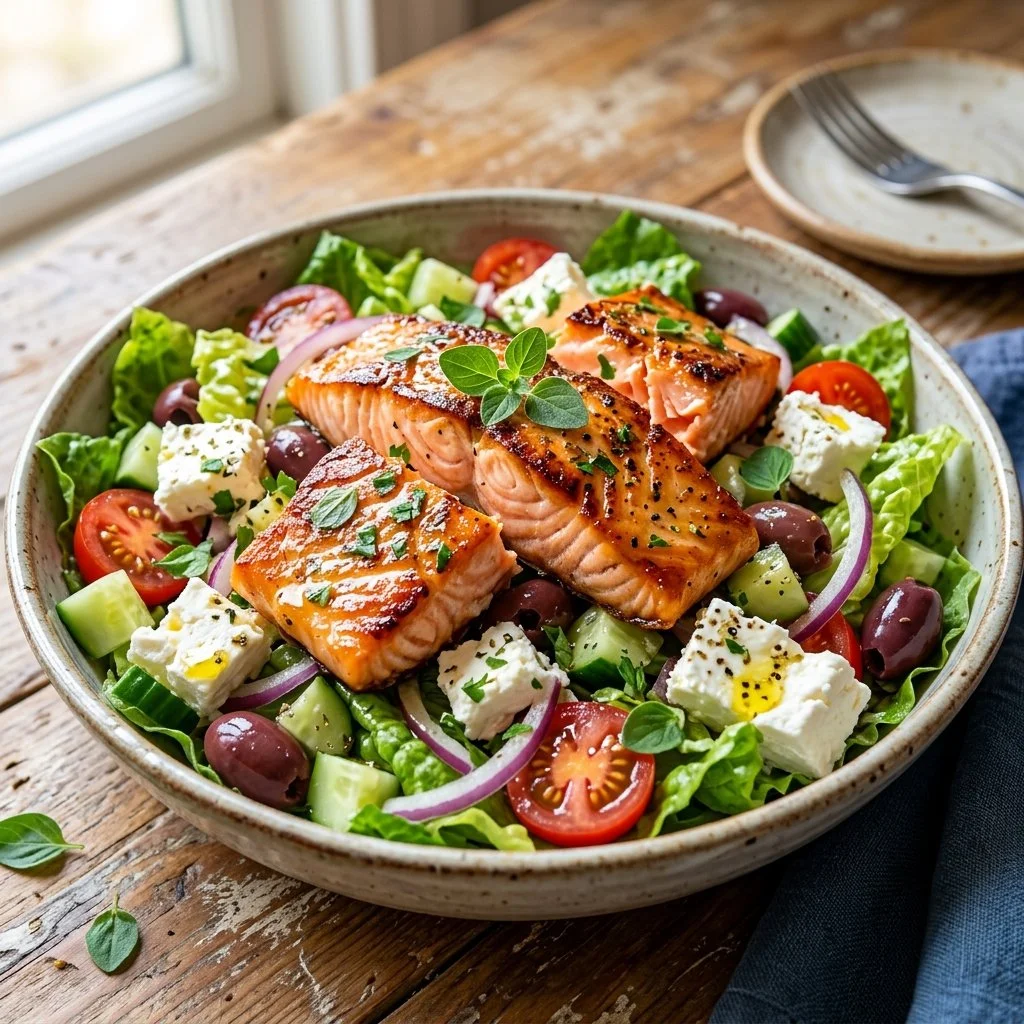 Delicious Greek Salmon Salad with fresh vegetables and dressing