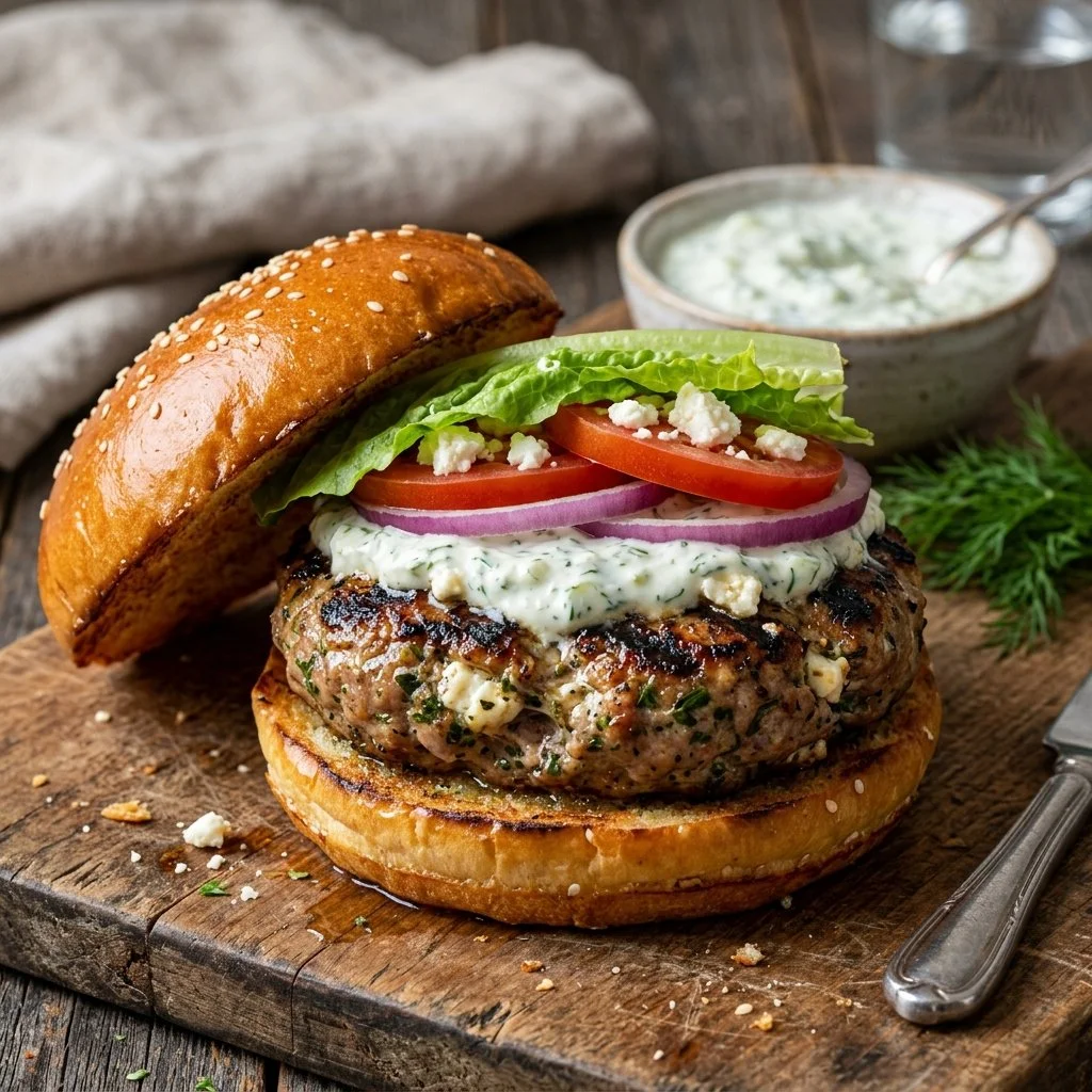 Delicious Greek Turkey Burgers served with fresh toppings and tzatziki sauce.