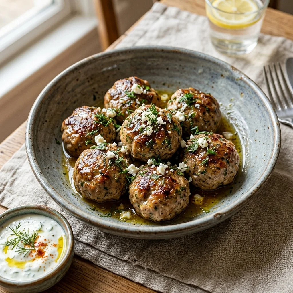 Plate of Greek turkey meatballs garnished with herbs and feta cheese