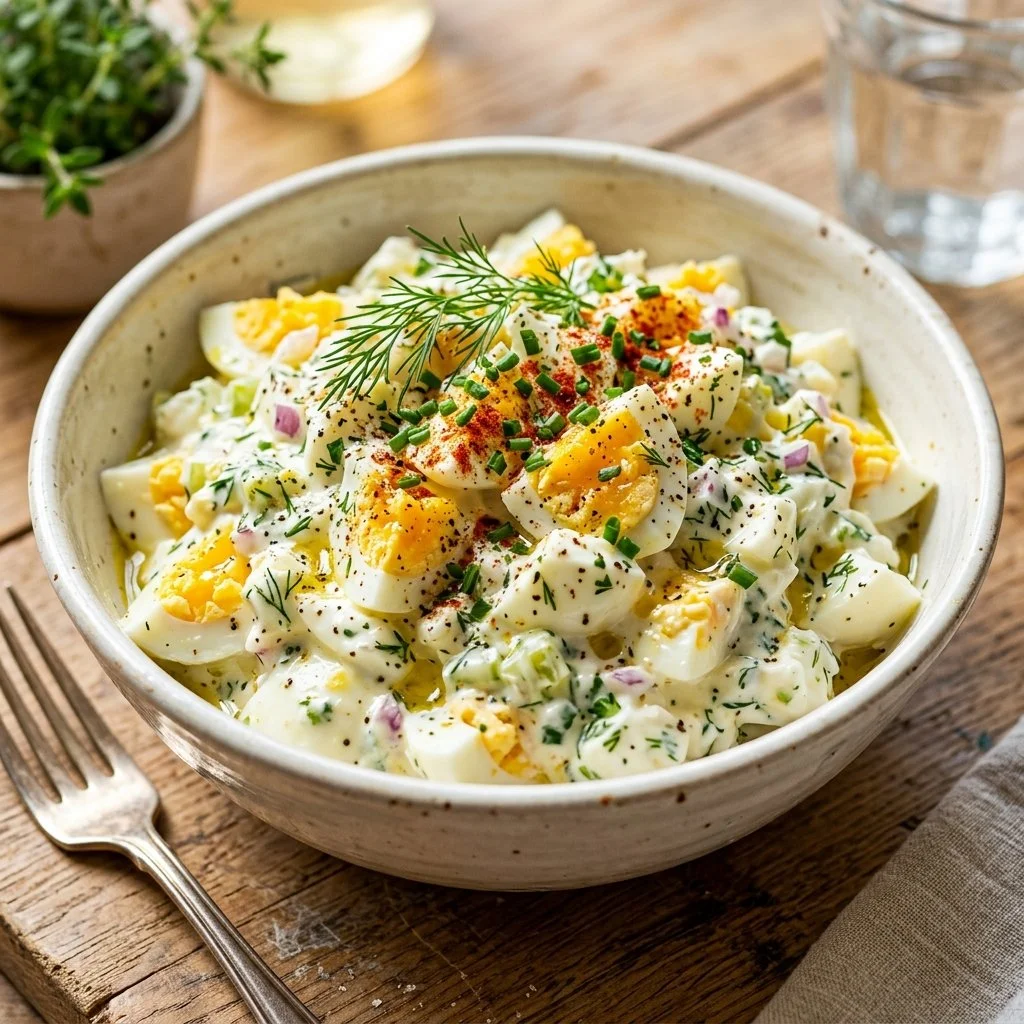 Bowl of Greek yogurt egg salad with herbs and spices