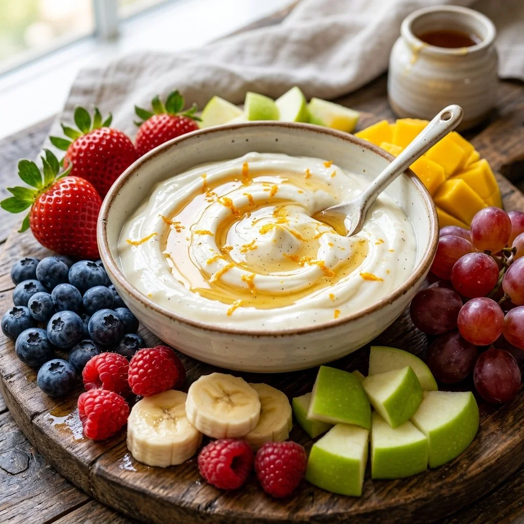 Delicious Greek yogurt fruit dip served with fresh fruits
