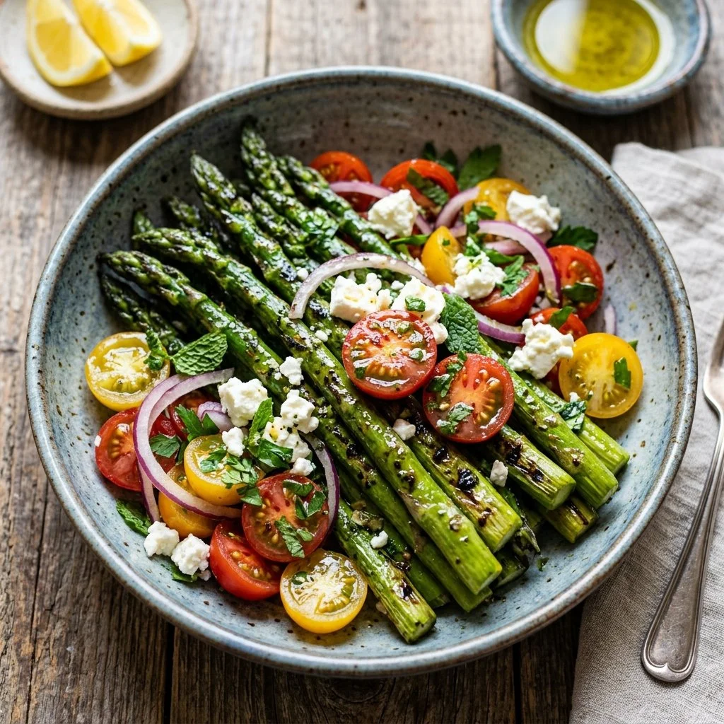 Grilled asparagus salad with fresh vegetables and vinaigrette dressing.