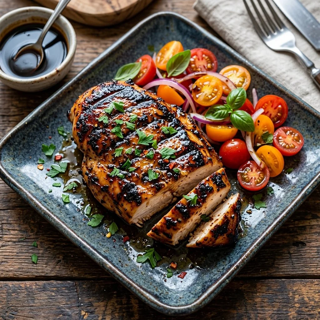 Juicy grilled balsamic chicken garnished with fresh herbs on a plate.