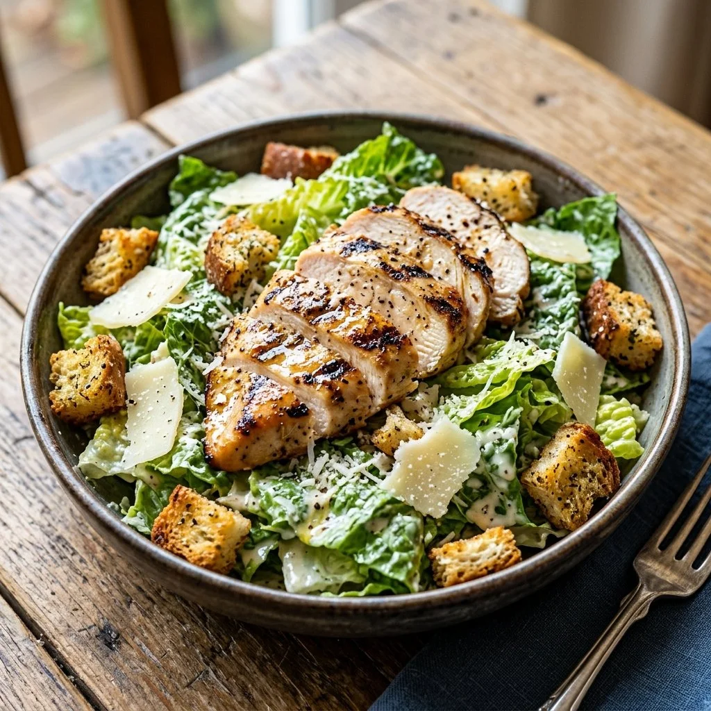 Grilled Chicken Caesar Salad with romaine lettuce and creamy dressing
