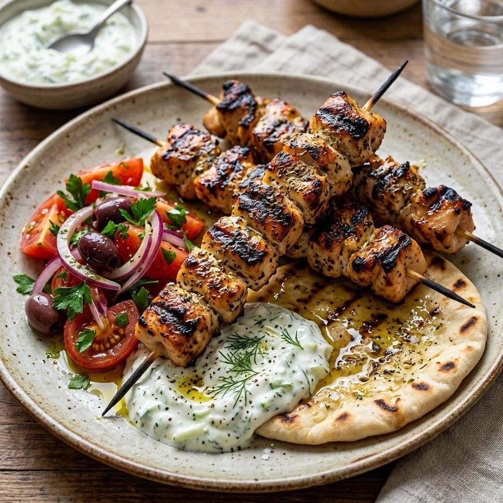 Delicious grilled chicken souvlaki skewers served with fresh veggies.