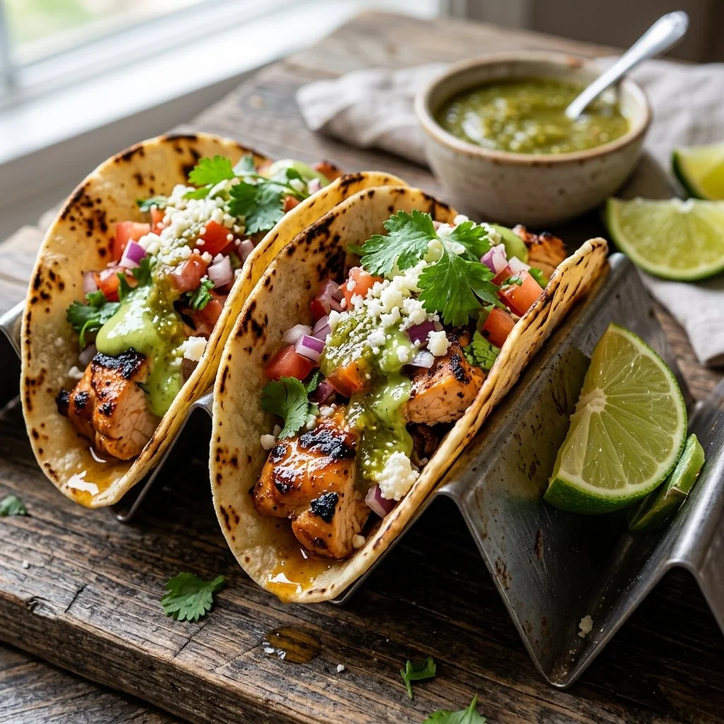 Delicious grilled chicken tacos garnished with fresh toppings