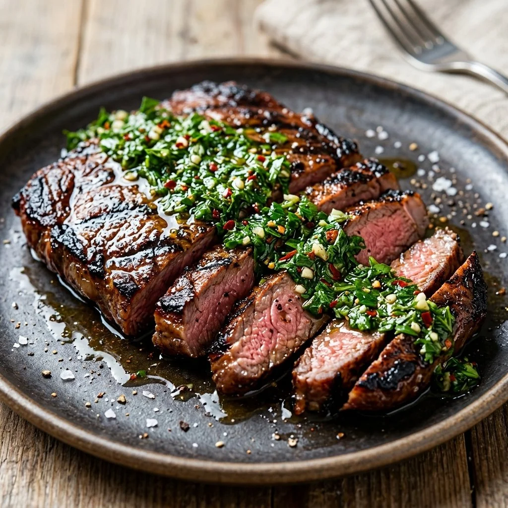 Delicious grilled chimichurri steak topped with fresh herb sauce