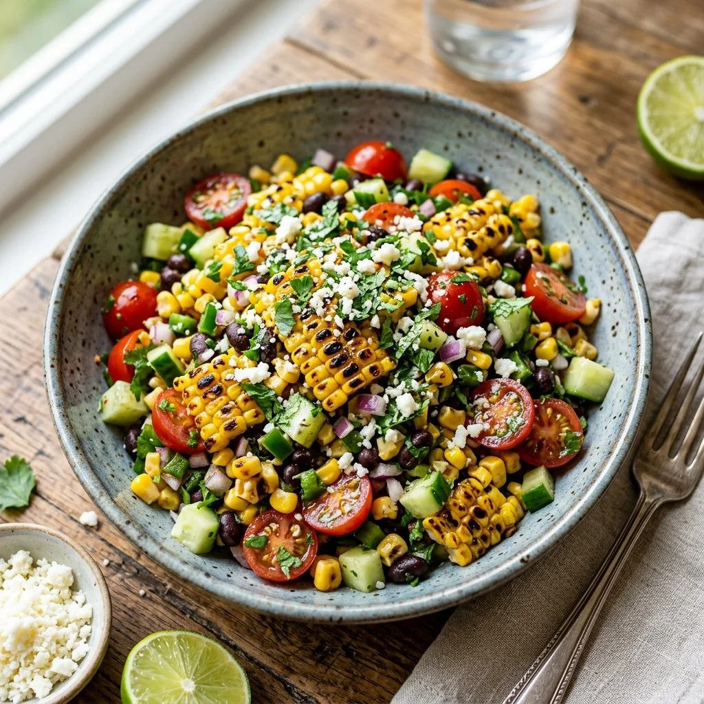 Fresh grilled corn salad with colorful veggies and herbs