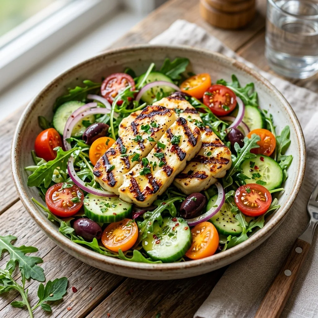 Delicious Grilled Halloumi Salad with fresh vegetables on a plate