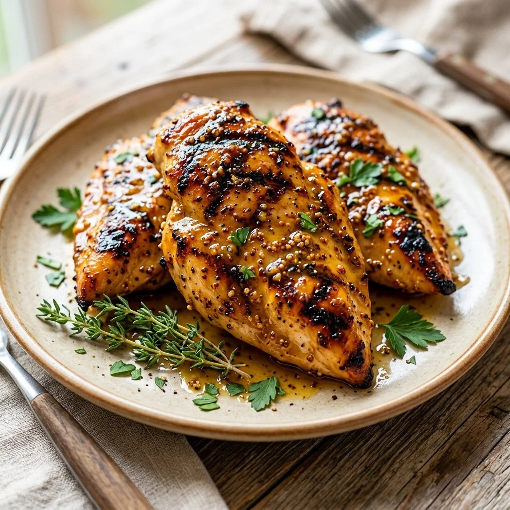 Delicious grilled honey mustard chicken on a plate with herbs and spices
