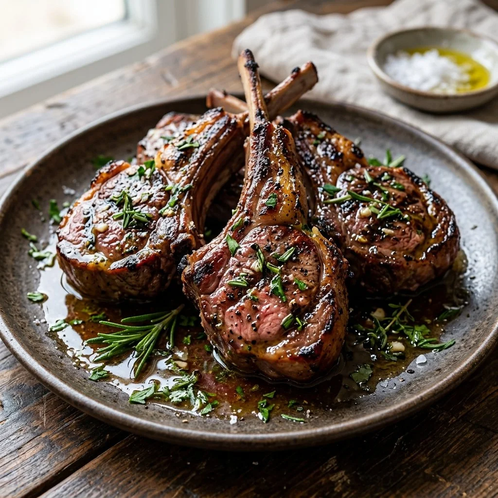 Grilled lamb chops garnished with herbs on a plate.