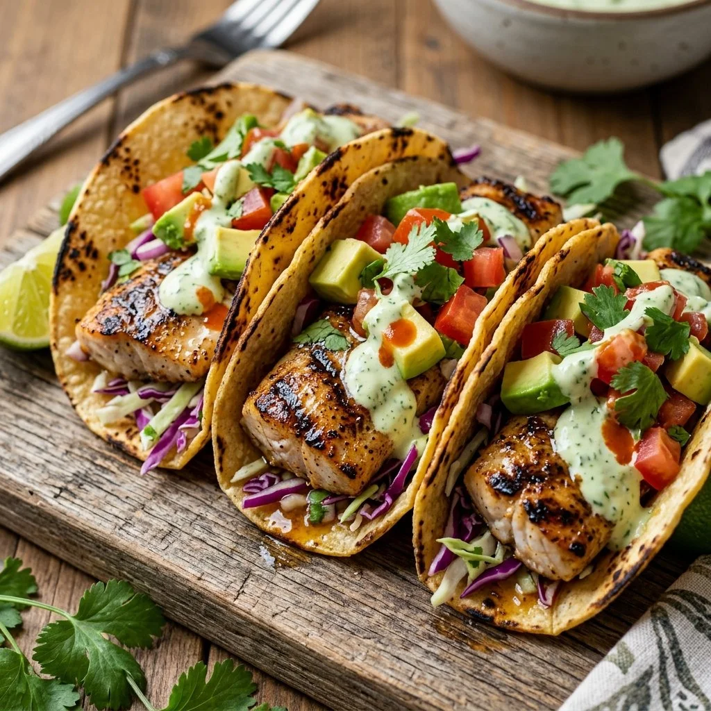 Delicious grilled Mahi Mahi tacos topped with fresh vegetables and sauces
