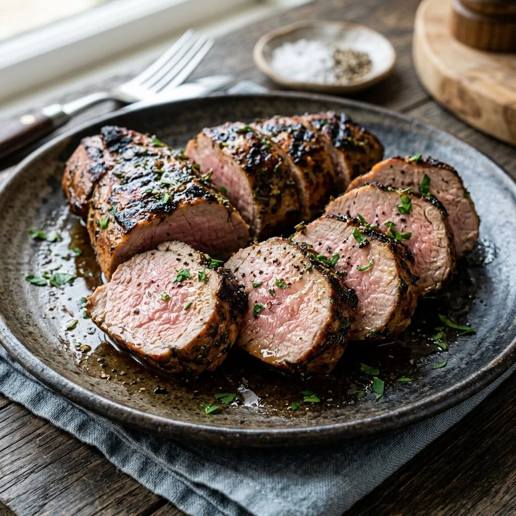 Grilled pork tenderloin served with fresh herbs and sides