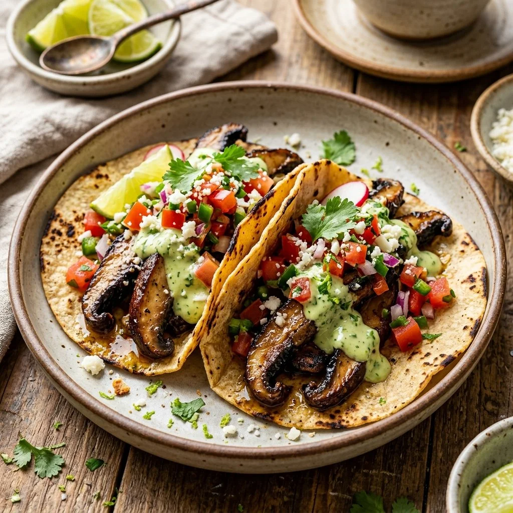 Grilled Portobello Tacos with fresh toppings on a plate