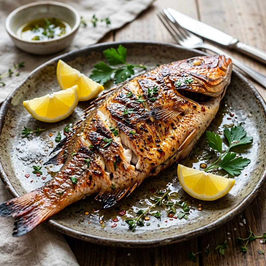Delicious grilled red snapper served with fresh herbs and lemon