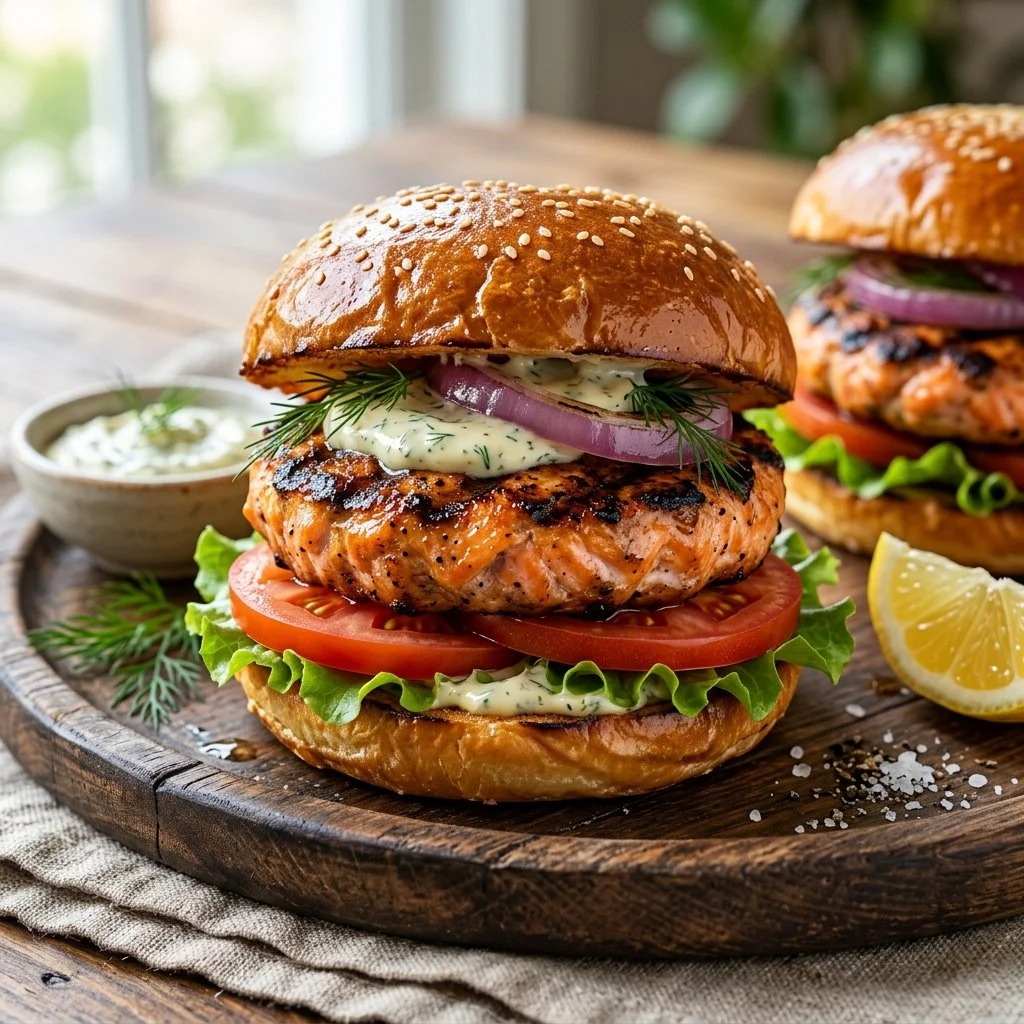Grilled salmon burgers served on a plate with fresh toppings
