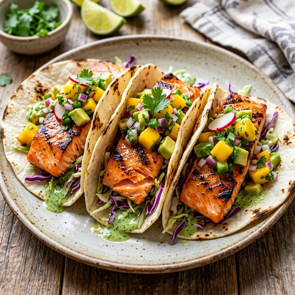 Delicious grilled salmon tacos served with fresh toppings