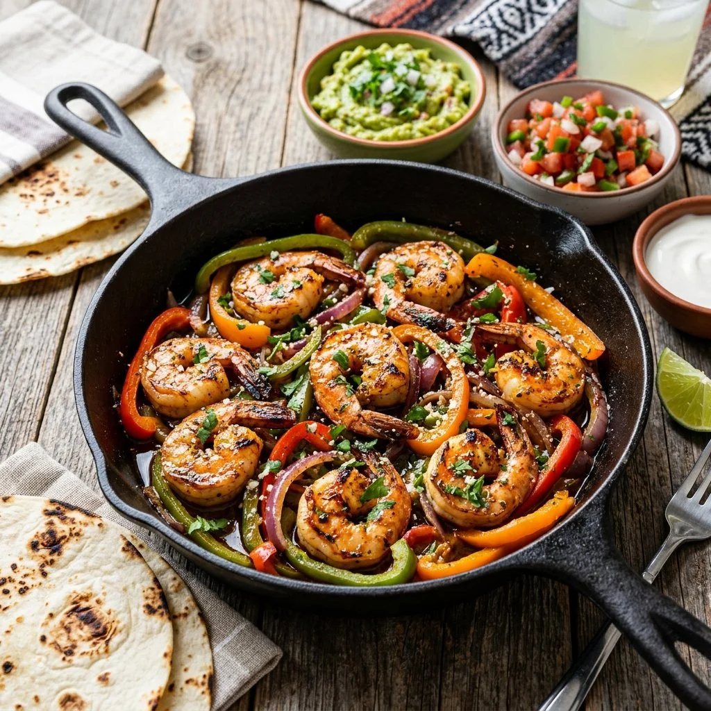 Juicy grilled shrimp fajitas served with peppers and onions in warm tortillas