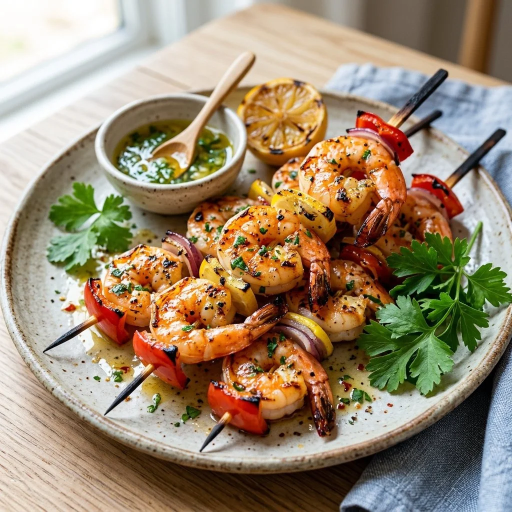 Grilled shrimp skewers with vibrant vegetables on a plate