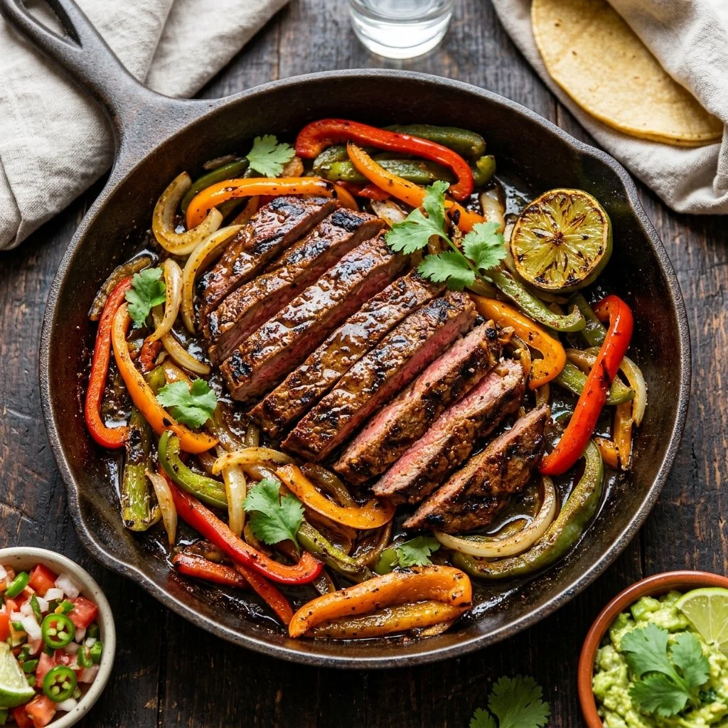Delicious grilled steak fajitas with bell peppers and onions on a platter