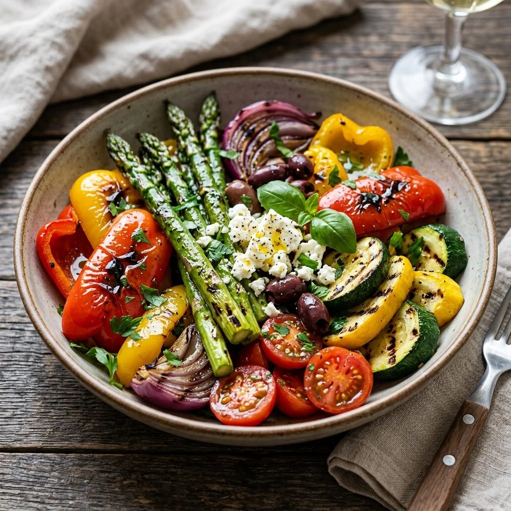 Colorful grilled vegetable salad with bell peppers, zucchini, and cherry tomatoes
