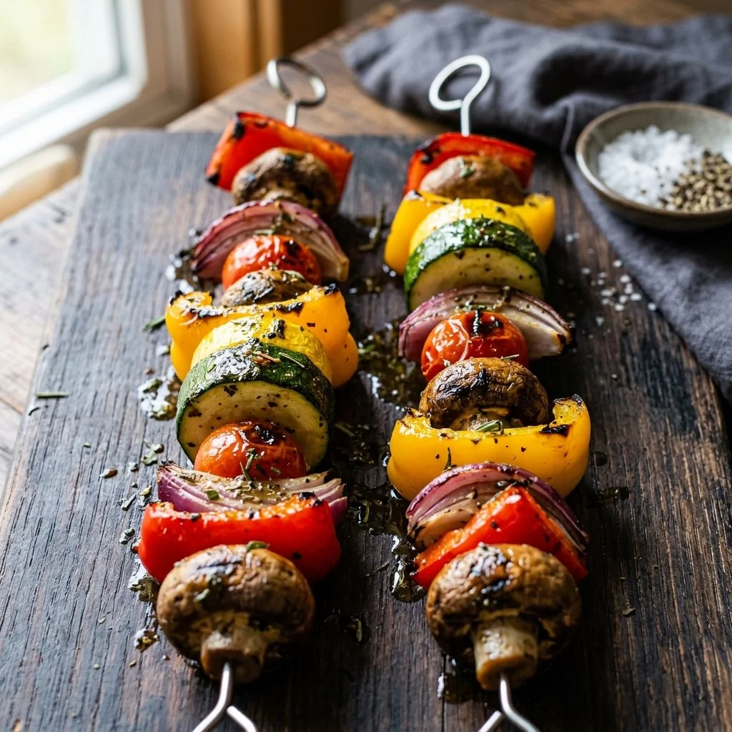 Grilled veggie skewers with colorful vegetables ready for a summer BBQ