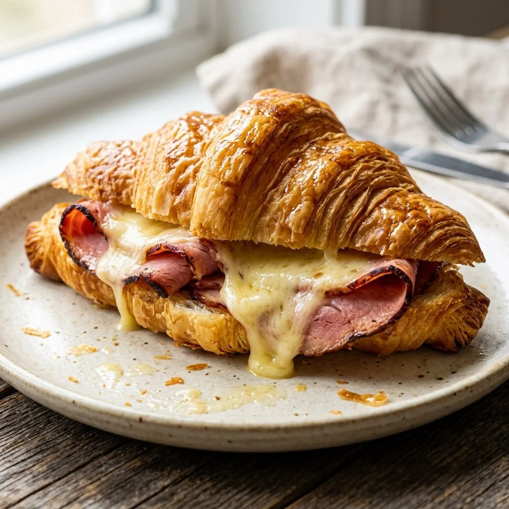 Freshly baked ham and cheese croissants on a wooden platter