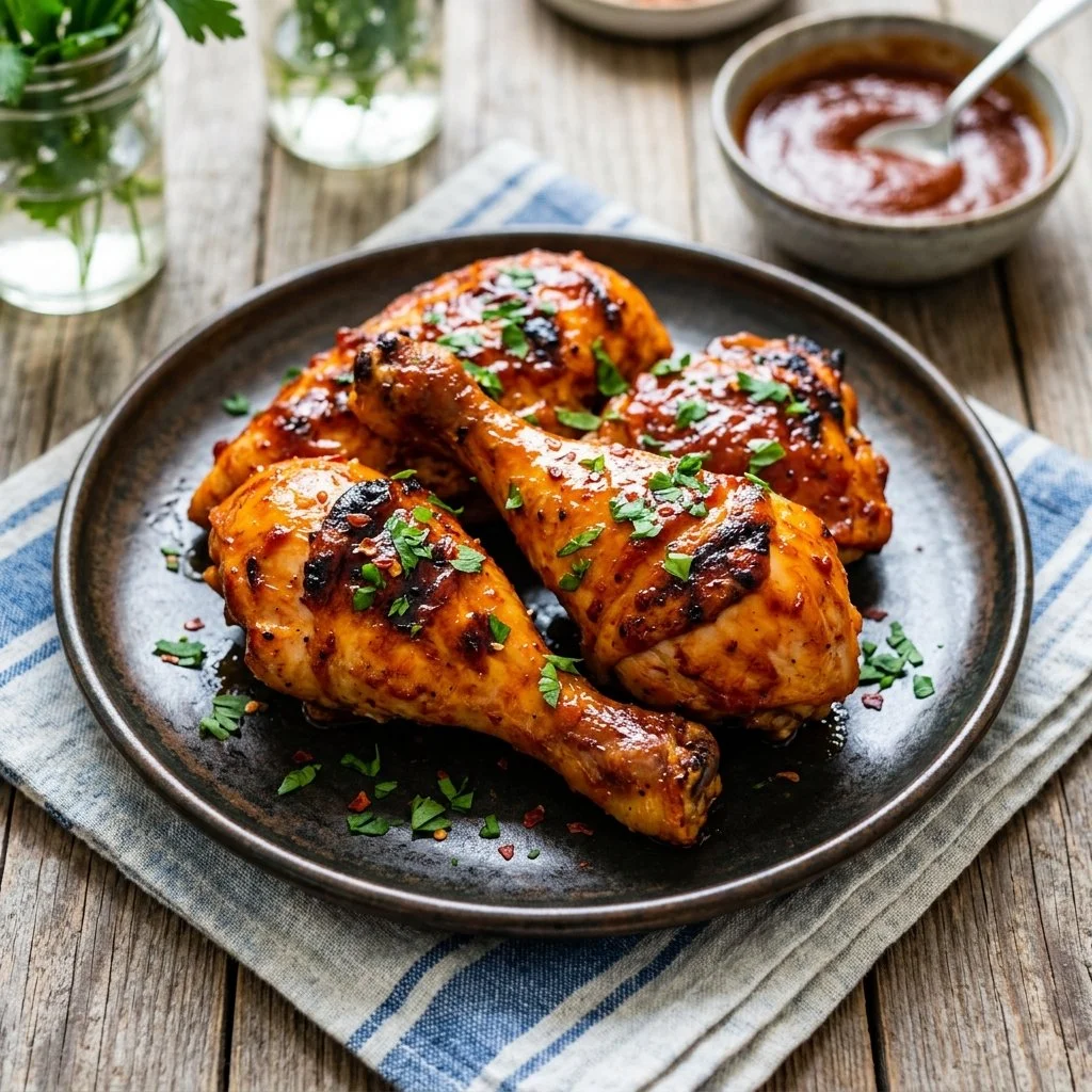Healthy BBQ chicken served on a plate with fresh vegetables