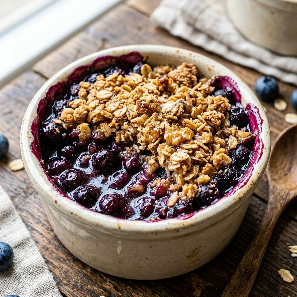 Healthy blueberry crisp topped with oats and nuts