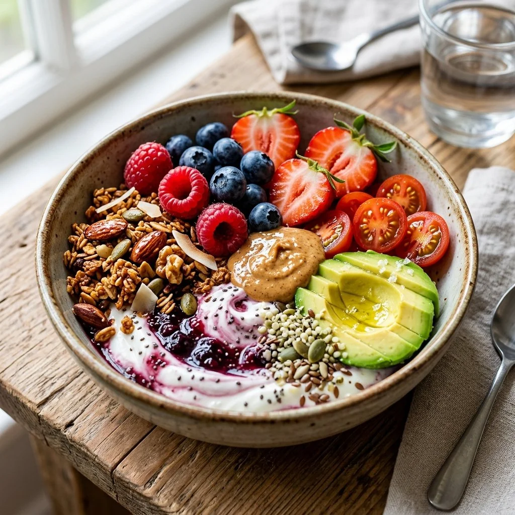 Healthy breakfast bowl filled with fruits, nuts, and grains for a nutritious morning meal.