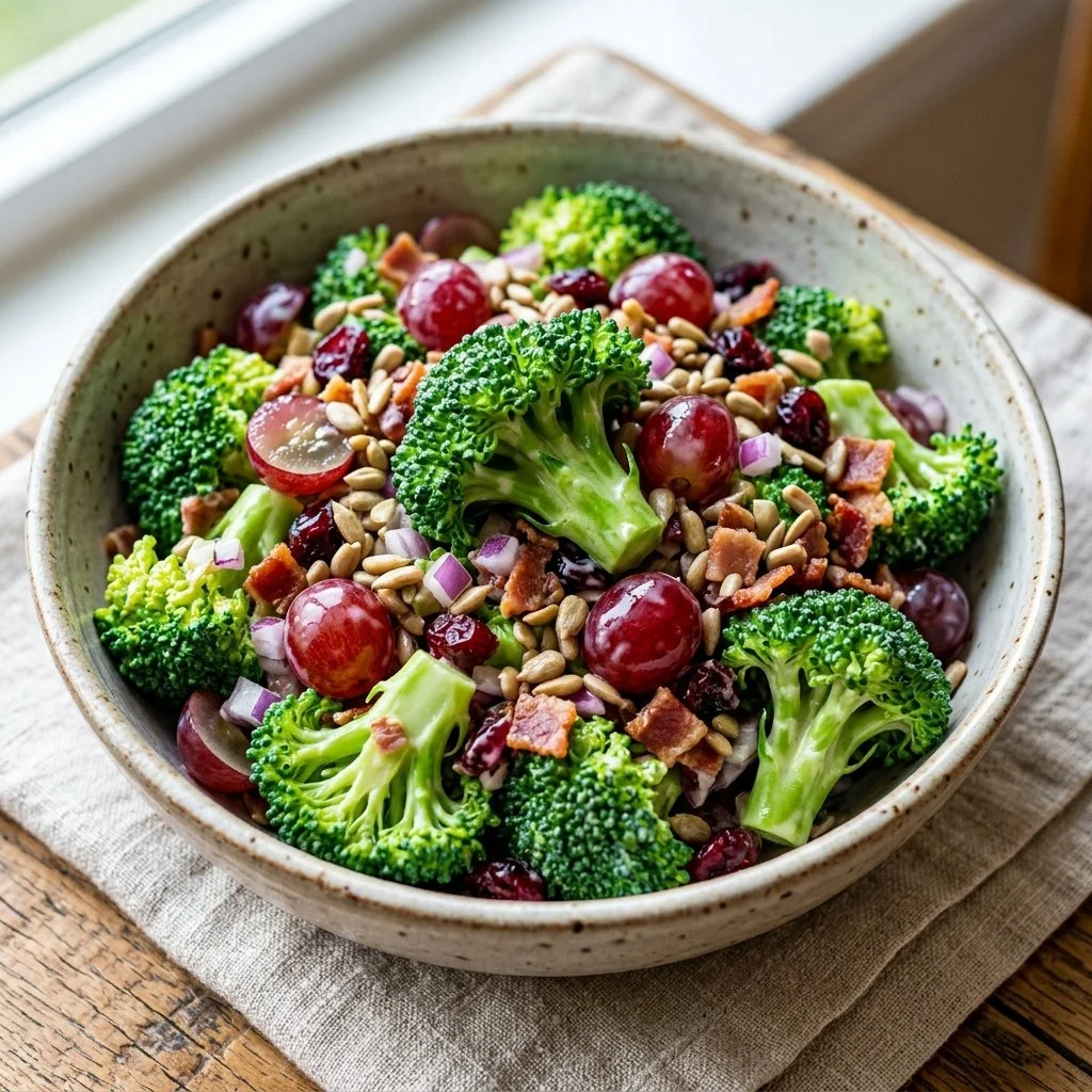 Healthy broccoli salad with fresh ingredients and a tangy dressing
