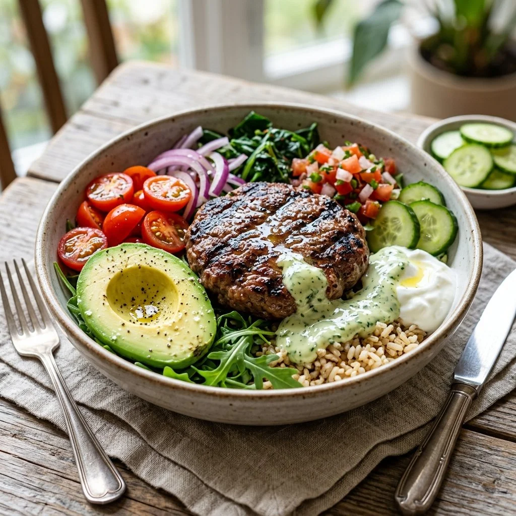 Healthy burger bowls with fresh ingredients and toppings