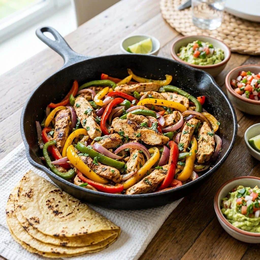 Healthy chicken fajitas with colorful veggies and spices in a skillet