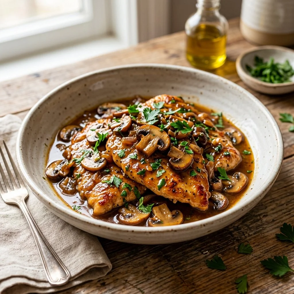 Healthy Chicken Marsala dish served with mushrooms and herbs over pasta.