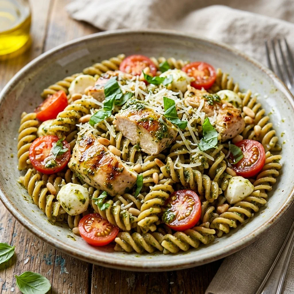 Healthy chicken pesto pasta dish with vibrant green pesto sauce and grilled chicken