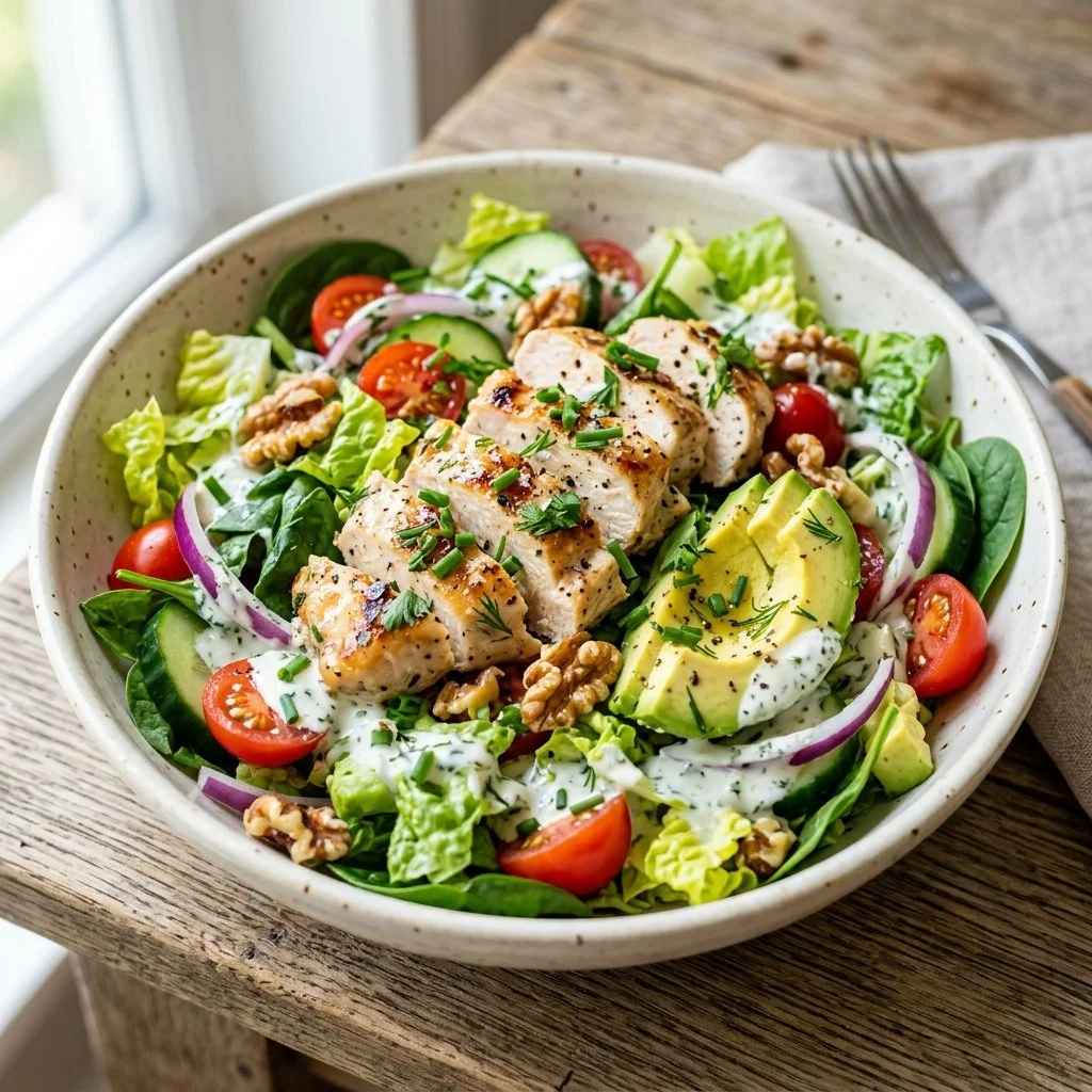 Delicious and healthy chicken salad with fresh vegetables and dressing