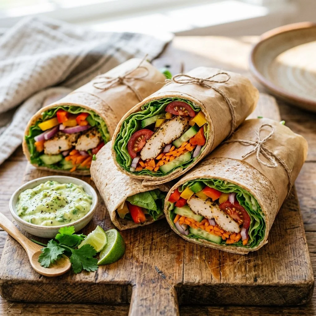 Healthy chicken wraps filled with fresh vegetables and lean protein.