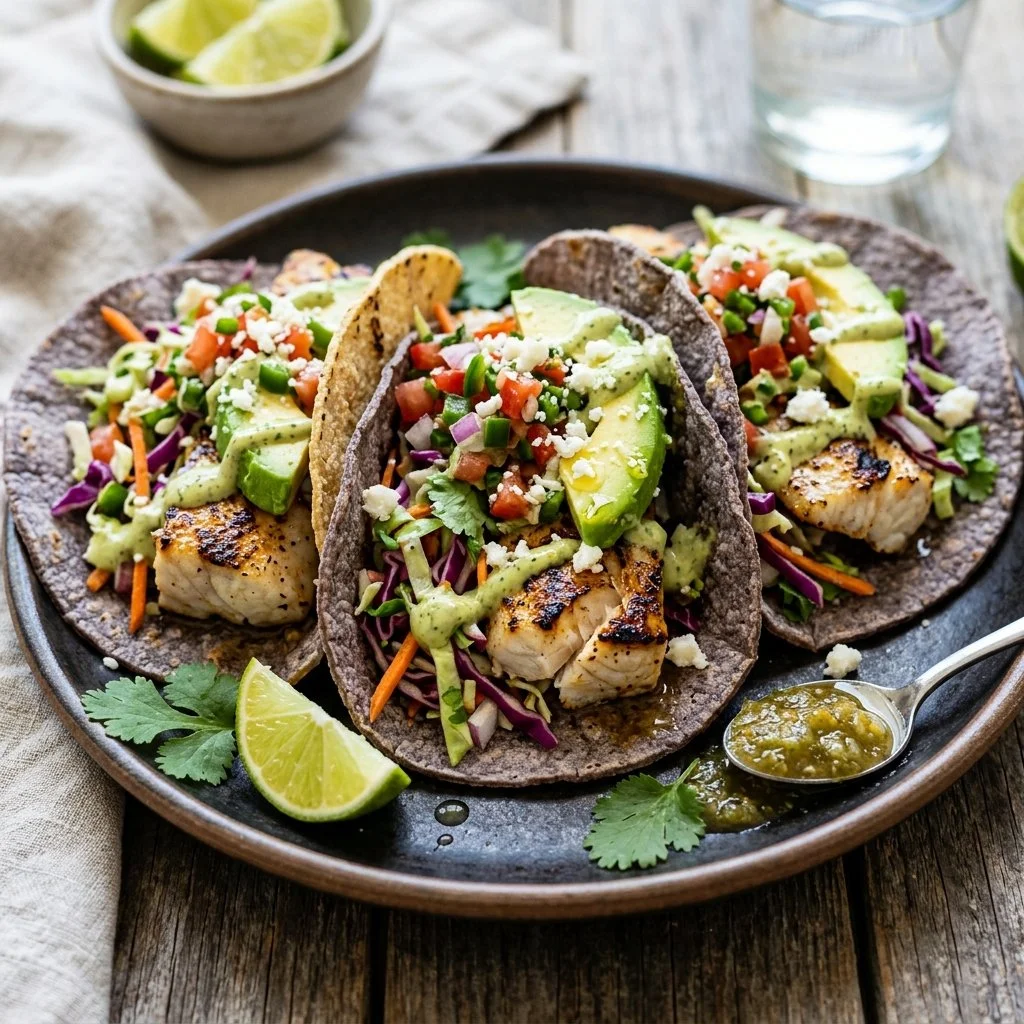 Healthy fish tacos served with fresh toppings and lime wedges