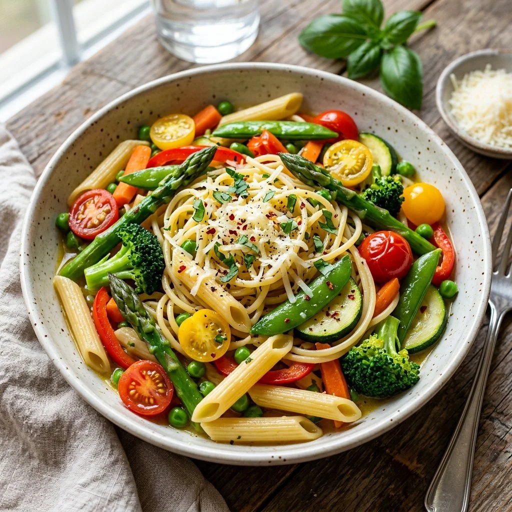 Healthy Pasta Primavera with fresh vegetables and herbs