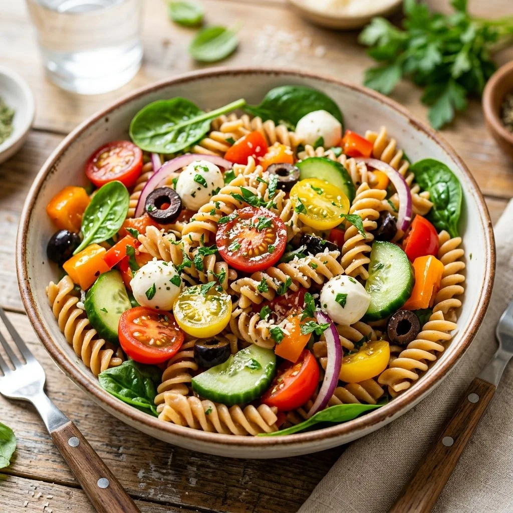Colorful healthy pasta salad with vegetables in a bowl