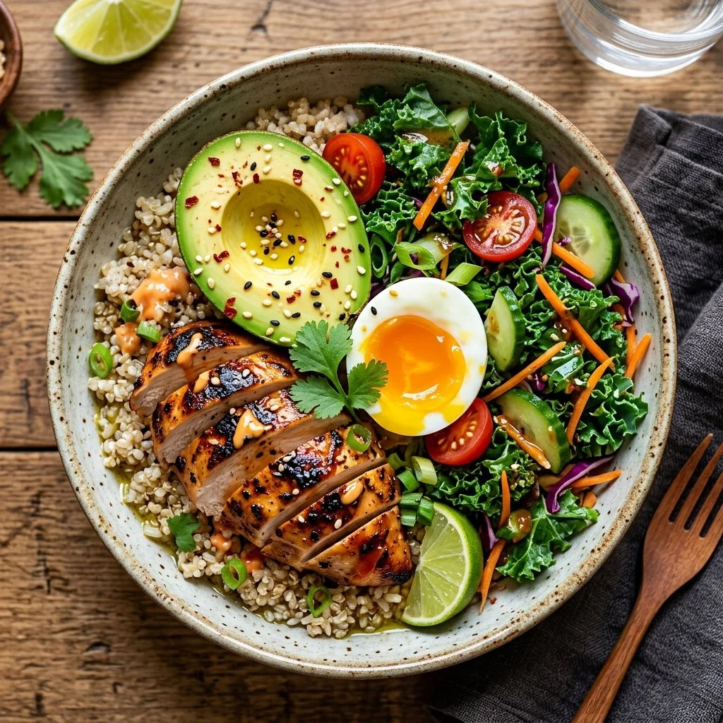 A colorful array of healthy rice bowls with fresh vegetables and lean proteins.